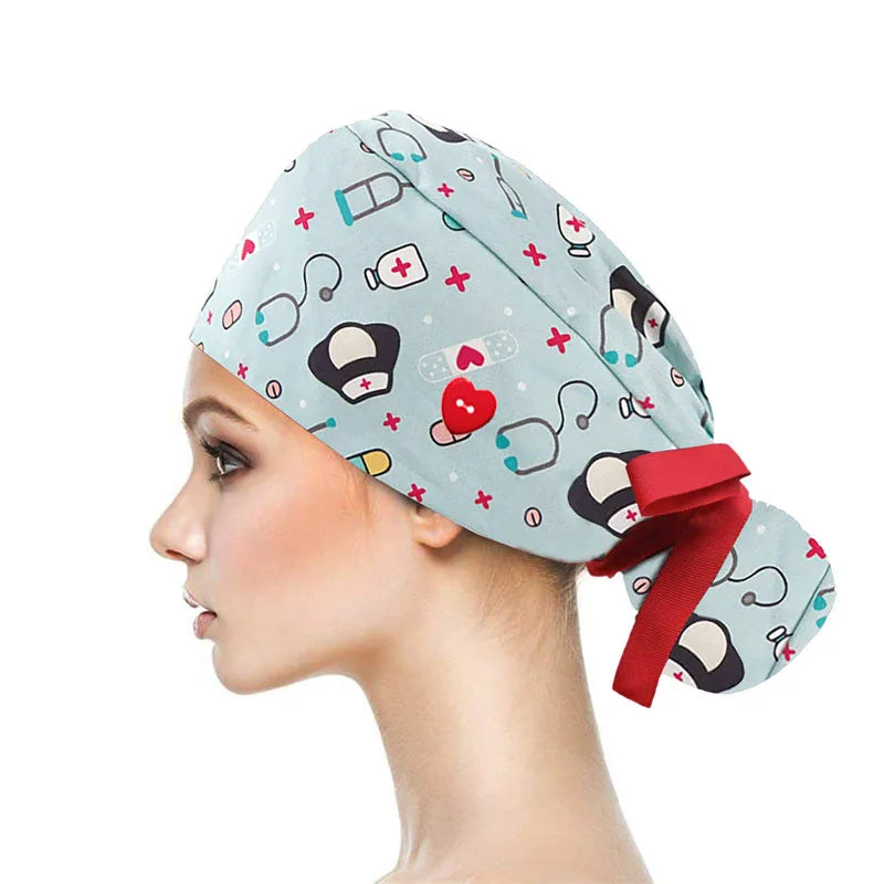 Adjustable Pet Shop Scrub Cap With Buttons Bouffant Hat With Sweatband Beauty Work Cap Nursing Cap For Women Long Hair Nurse Hat