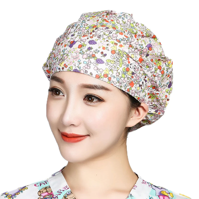 Women Printed Scrubs Caps  Adjustable Sweatband Bouffant Hats Nursing Cotton Hats Pet Shop Beauty Salon Beauty Salon Workwear