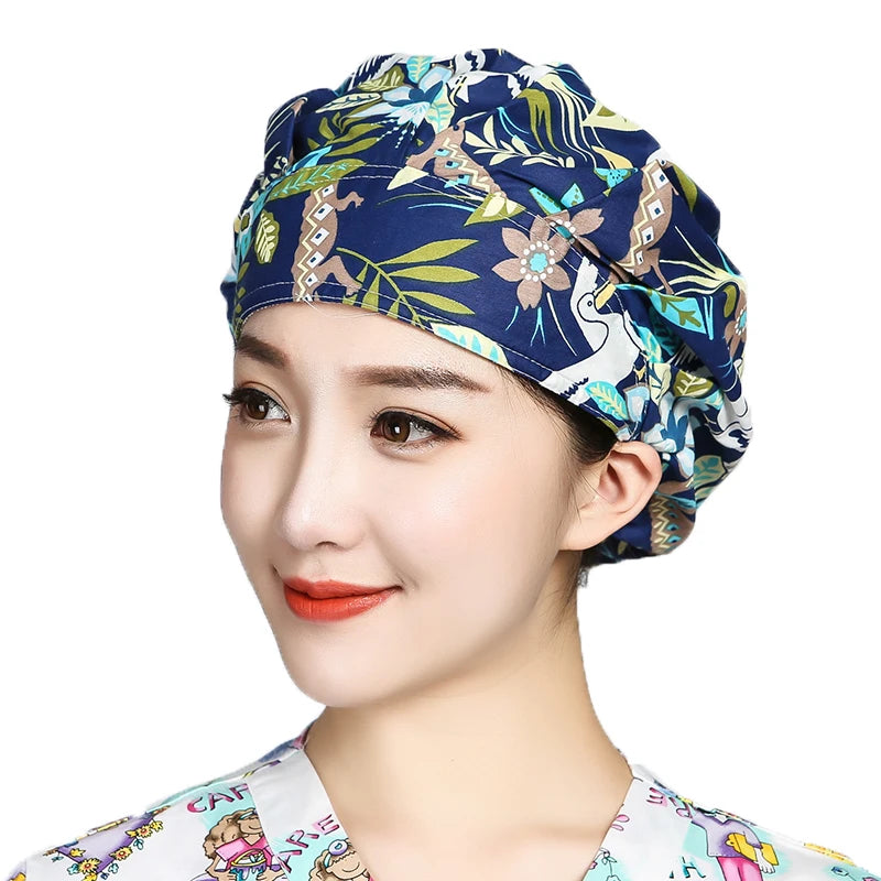 Women Printed Scrubs Caps  Adjustable Sweatband Bouffant Hats Nursing Cotton Hats Pet Shop Beauty Salon Beauty Salon Workwear