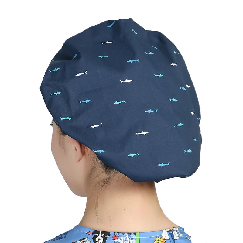 Unisex Cotton Scrubs Caps Cartoons Printed Sweatband Bouffant Hats Adjustable Work Wear Hats Beauty Salon Working Caps Wholesale