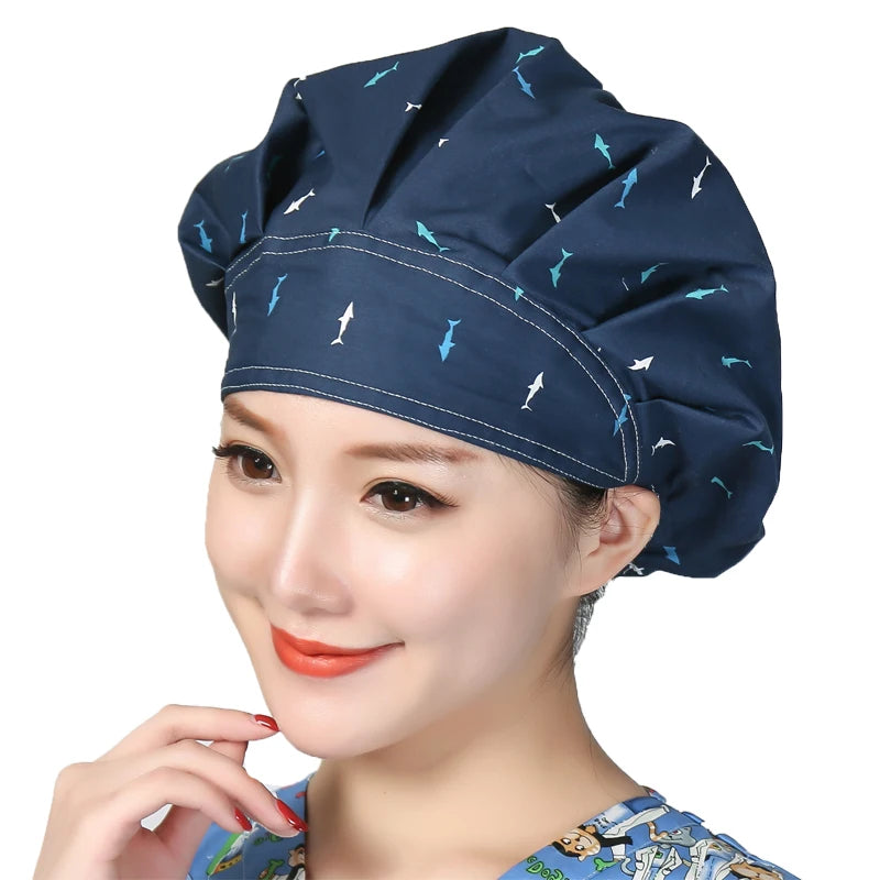 Unisex Cotton Scrubs Caps Cartoons Printed Sweatband Bouffant Hats Adjustable Work Wear Hats Beauty Salon Working Caps Wholesale