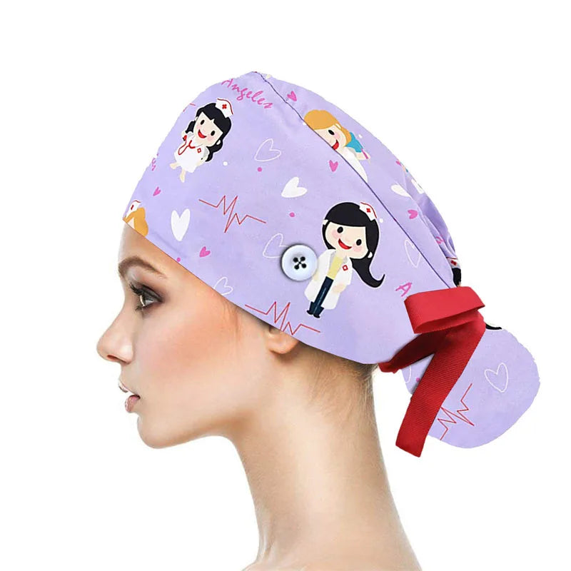 Adjustable Pet Shop Scrub Cap With Buttons Bouffant Hat With Sweatband Beauty Work Cap Nursing Cap For Women Long Hair Nurse Hat