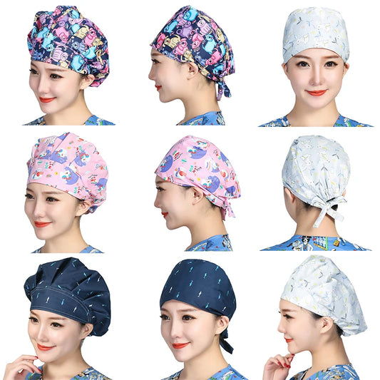 Unisex Cotton Scrubs Caps Cartoons Printed Sweatband Bouffant Hats Adjustable Work Wear Hats Beauty Salon Working Caps Wholesale