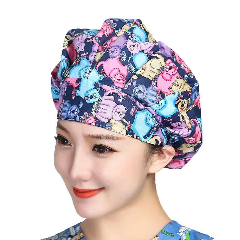 Unisex Cotton Scrubs Caps Cartoons Printed Sweatband Bouffant Hats Adjustable Work Wear Hats Beauty Salon Working Caps Wholesale