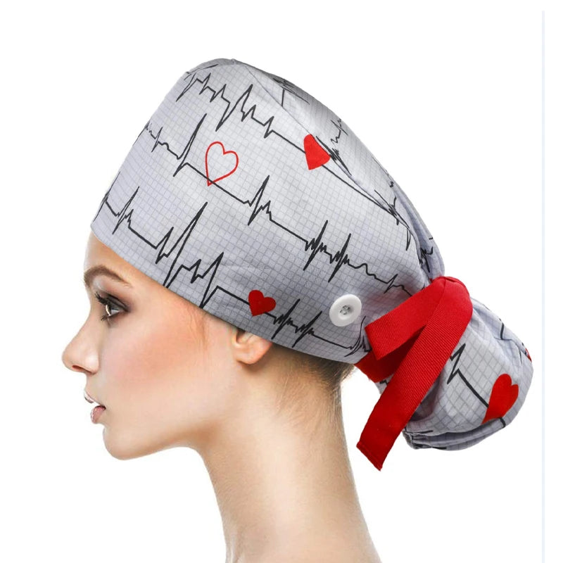 Adjustable Pet Shop Scrub Cap With Buttons Bouffant Hat With Sweatband Beauty Work Cap Nursing Cap For Women Long Hair Nurse Hat