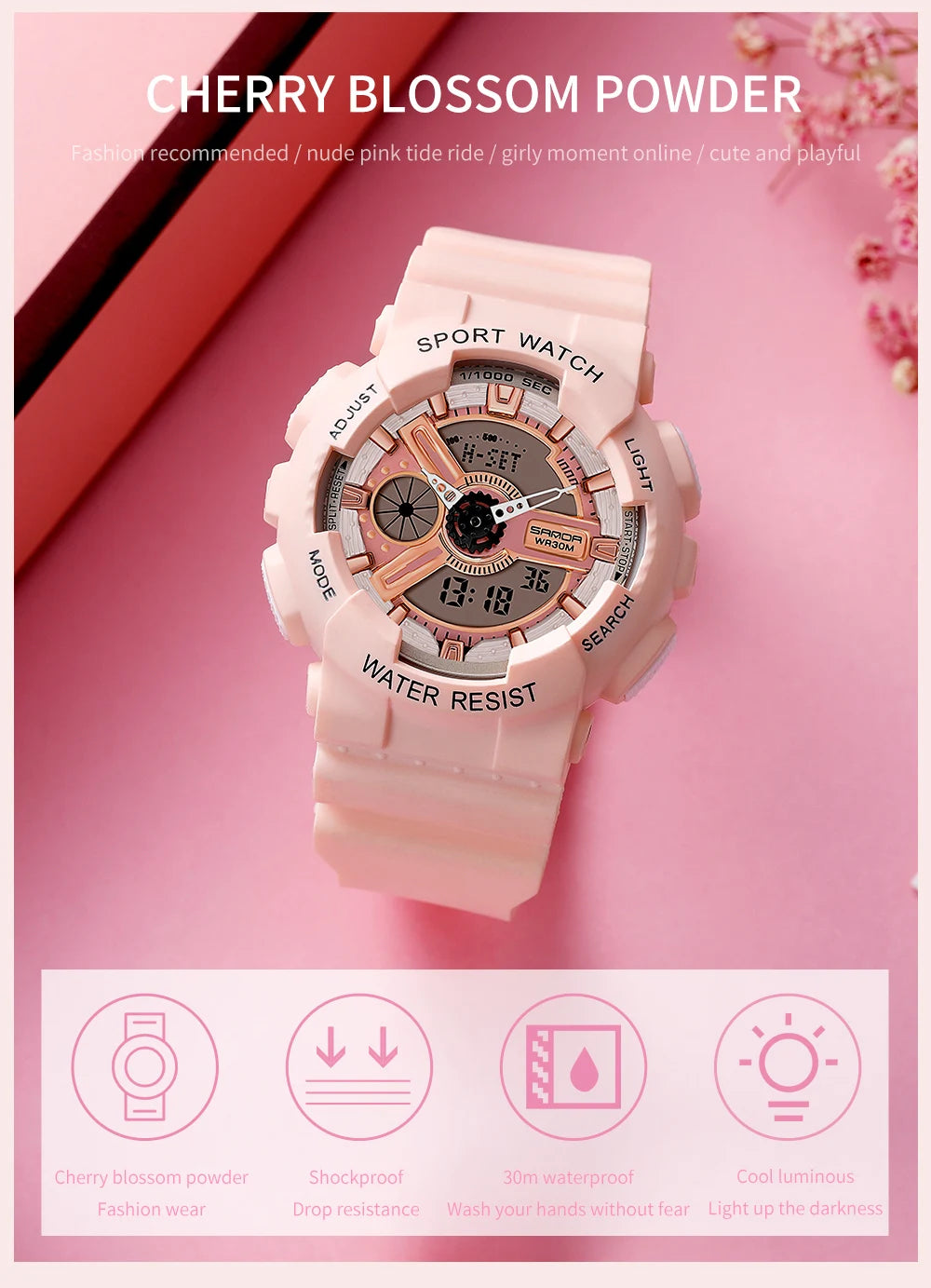 Fashion Sanda Top Brand Outdoor Sport White Digital Watch Women Alarm Clock 3bar Waterproof Shock Military Watches Led Display