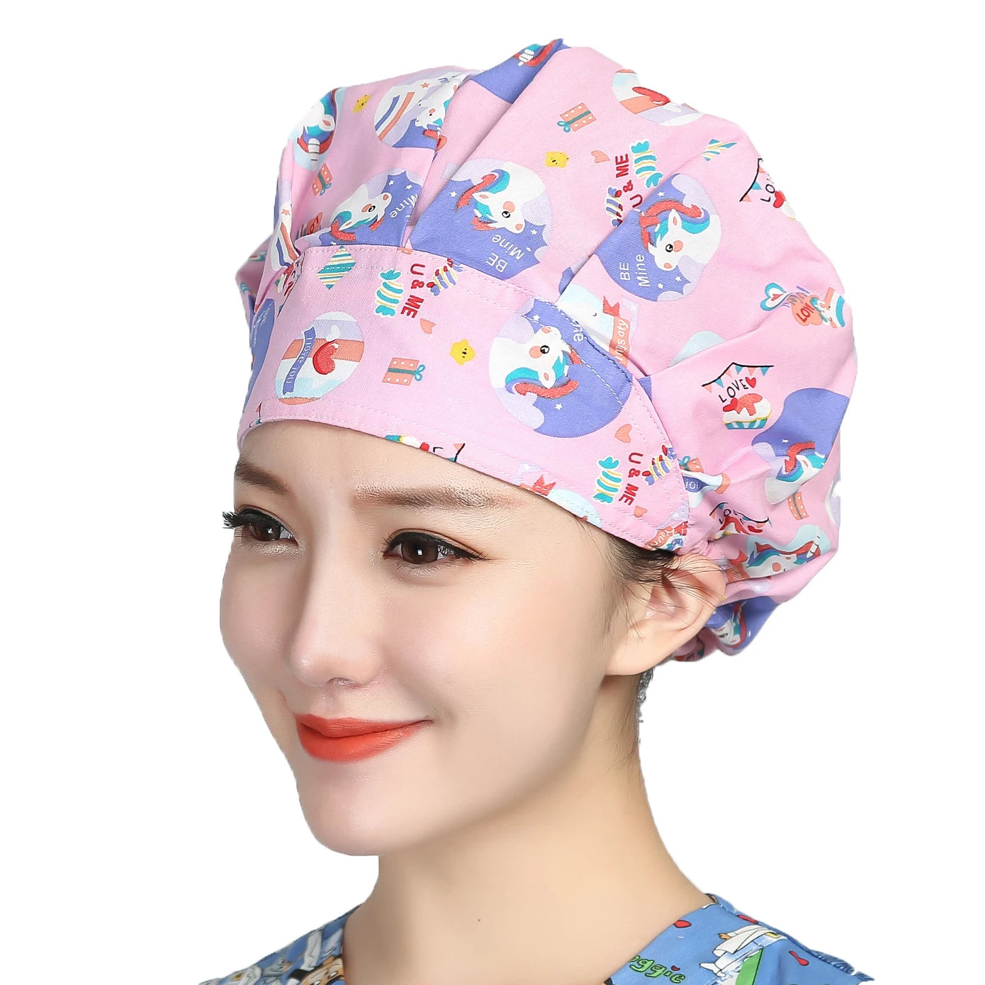 Unisex Cotton Scrubs Caps Cartoons Printed Sweatband Bouffant Hats Adjustable Work Wear Hats Beauty Salon Working Caps Wholesale