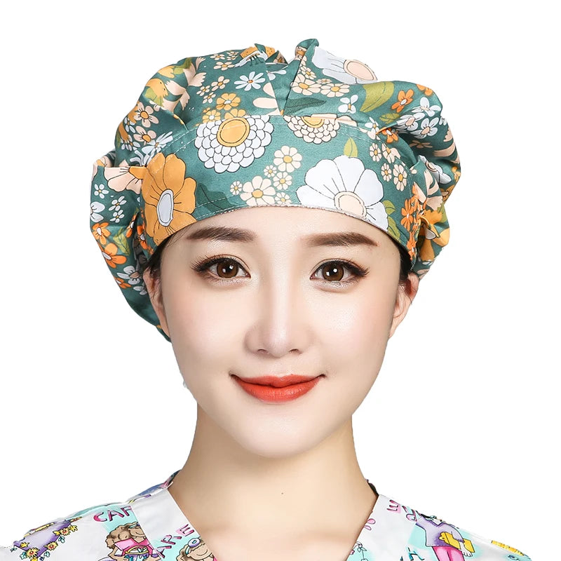 Women Printed Scrubs Caps  Adjustable Sweatband Bouffant Hats Nursing Cotton Hats Pet Shop Beauty Salon Beauty Salon Workwear