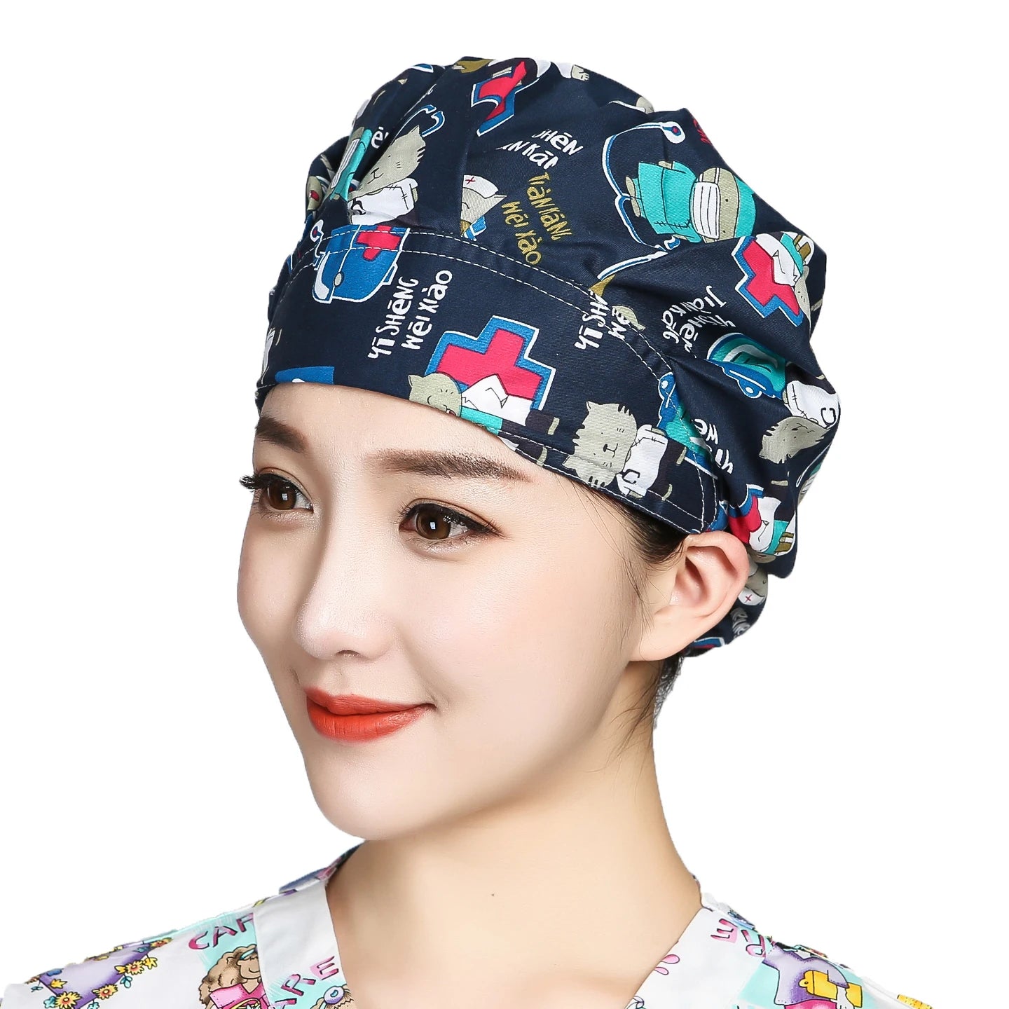 Women Printed Scrubs Caps  Adjustable Sweatband Bouffant Hats Nursing Cotton Hats Pet Shop Beauty Salon Beauty Salon Workwear