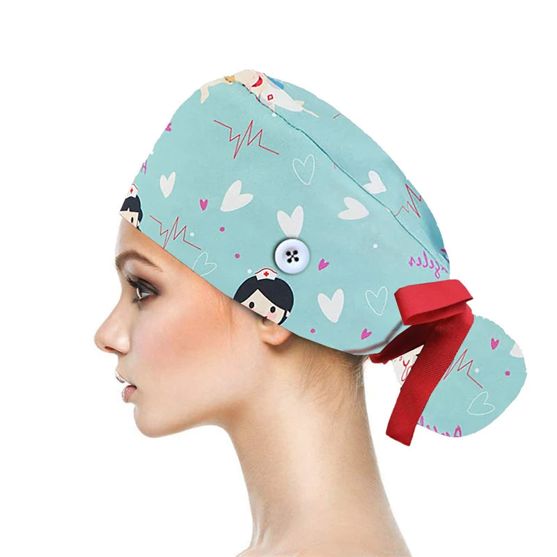 Adjustable Pet Shop Scrub Cap With Buttons Bouffant Hat With Sweatband Beauty Work Cap Nursing Cap For Women Long Hair Nurse Hat