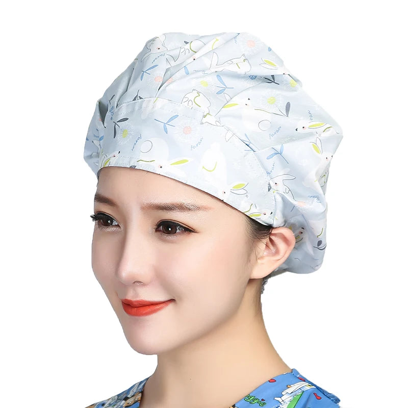 Unisex Cotton Scrubs Caps Cartoons Printed Sweatband Bouffant Hats Adjustable Work Wear Hats Beauty Salon Working Caps Wholesale