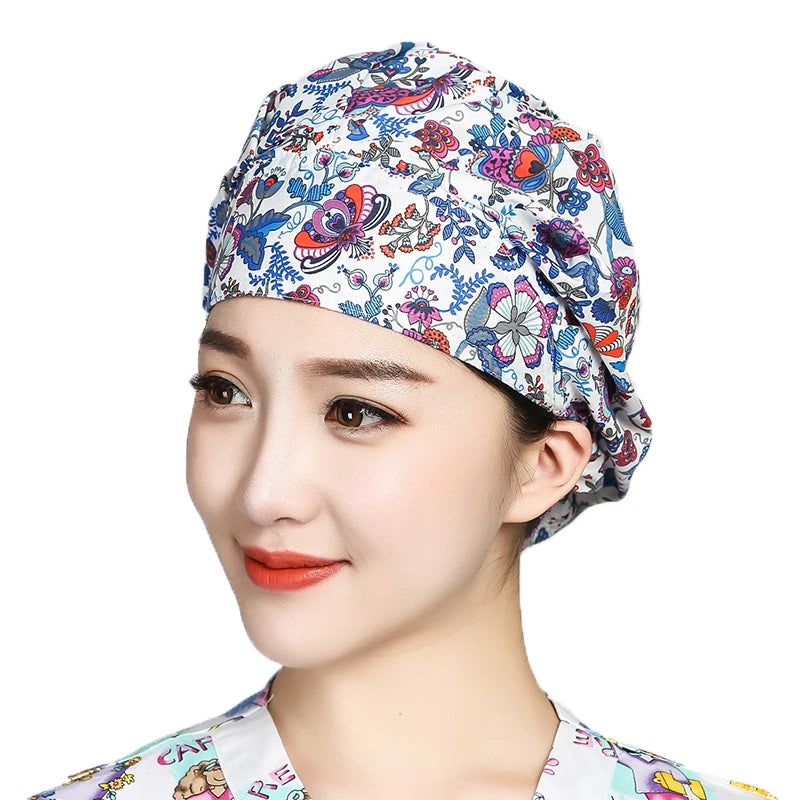 Women Printed Scrubs Caps  Adjustable Sweatband Bouffant Hats Nursing Cotton Hats Pet Shop Beauty Salon Beauty Salon Workwear