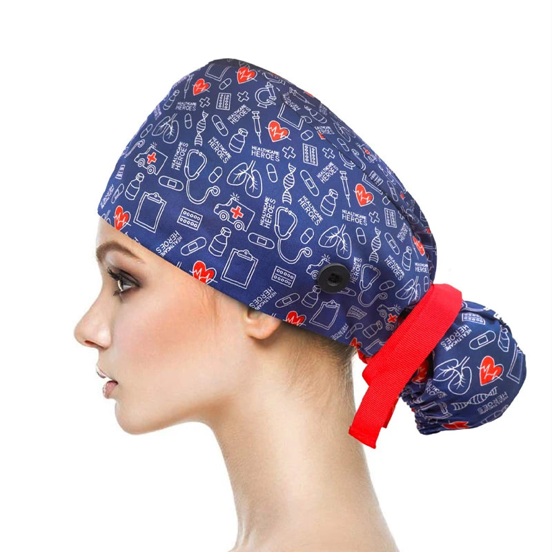 Adjustable Pet Shop Scrub Cap With Buttons Bouffant Hat With Sweatband Beauty Work Cap Nursing Cap For Women Long Hair Nurse Hat