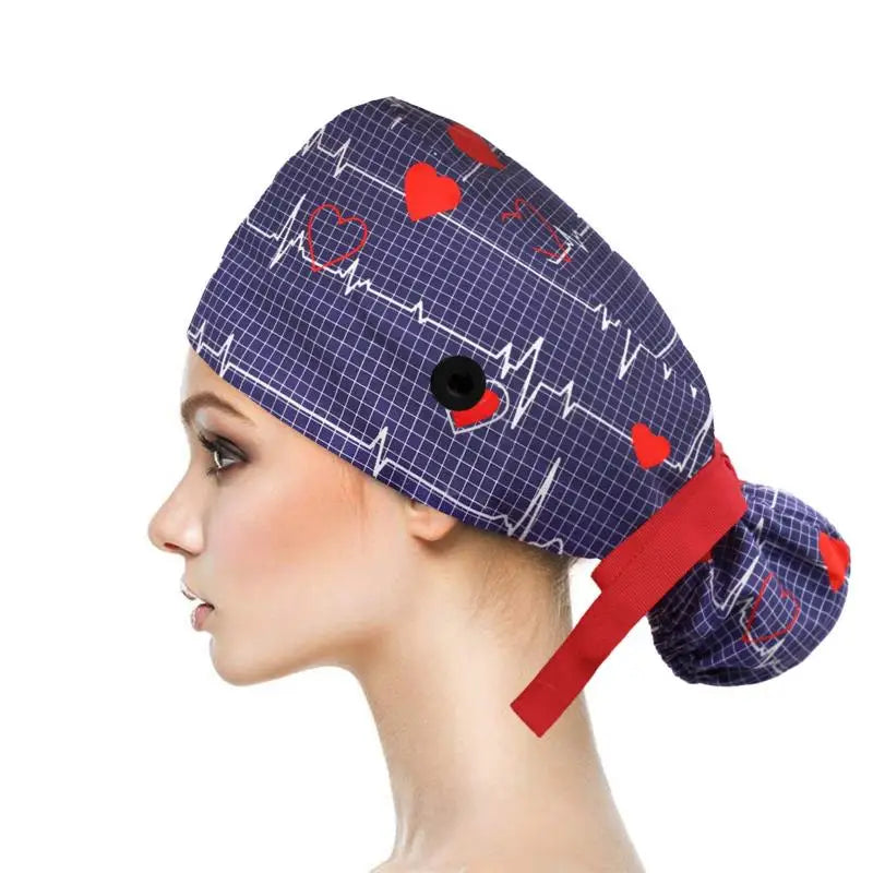 Adjustable Pet Shop Scrub Cap With Buttons Bouffant Hat With Sweatband Beauty Work Cap Nursing Cap For Women Long Hair Nurse Hat