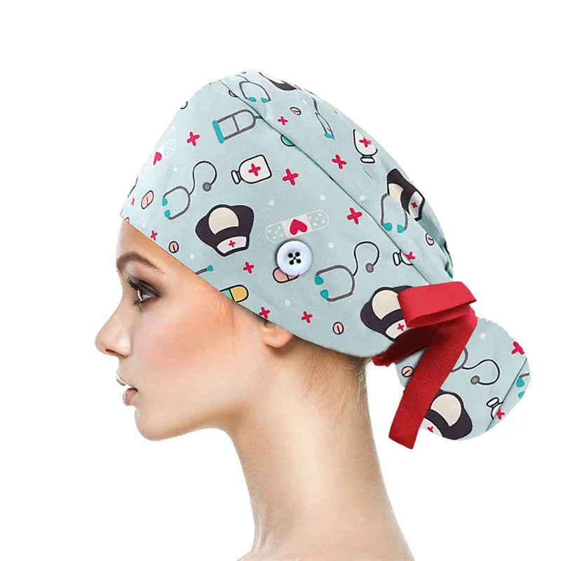 Adjustable Pet Shop Scrub Cap With Buttons Bouffant Hat With Sweatband Beauty Work Cap Nursing Cap For Women Long Hair Nurse Hat