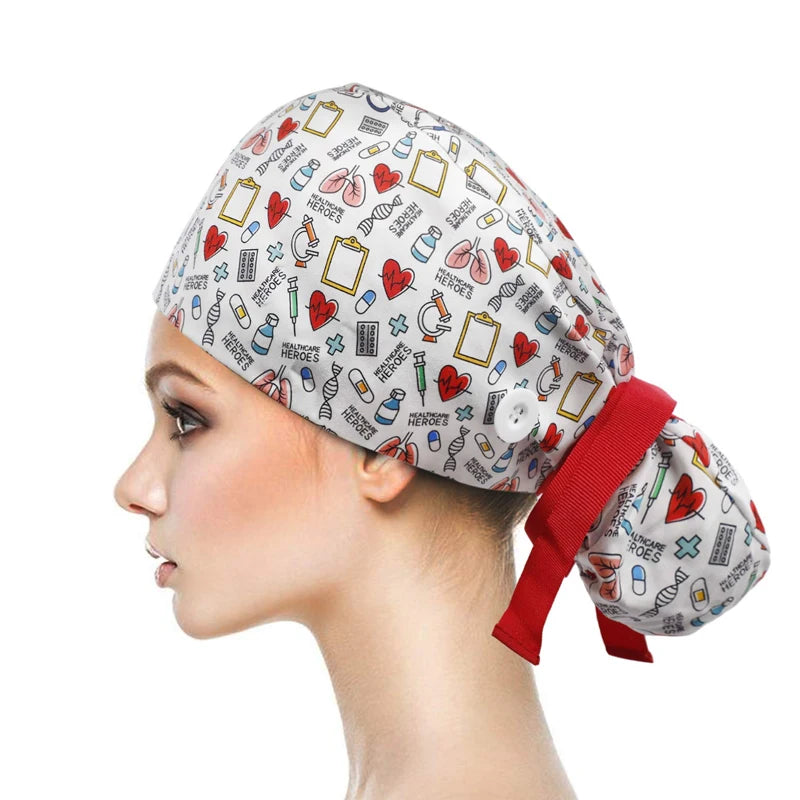 Adjustable Pet Shop Scrub Cap With Buttons Bouffant Hat With Sweatband Beauty Work Cap Nursing Cap For Women Long Hair Nurse Hat