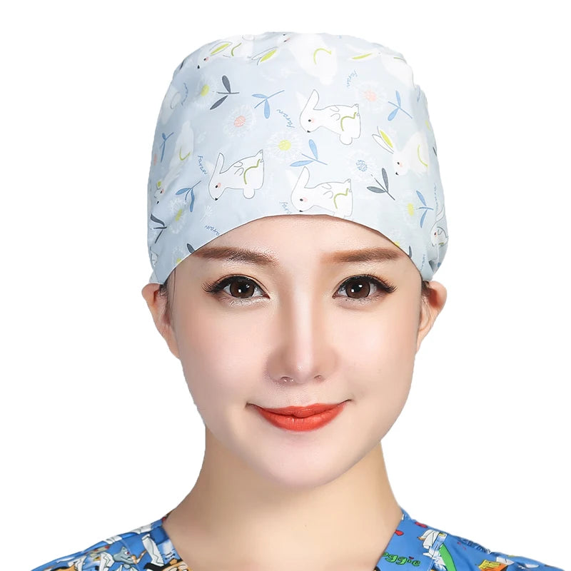 Unisex Cotton Scrubs Caps Cartoons Printed Sweatband Bouffant Hats Adjustable Work Wear Hats Beauty Salon Working Caps Wholesale