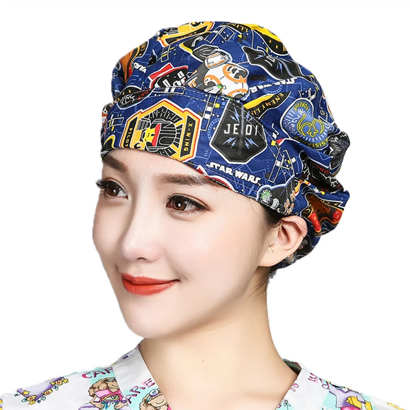 Women Printed Scrubs Caps  Adjustable Sweatband Bouffant Hats Nursing Cotton Hats Pet Shop Beauty Salon Beauty Salon Workwear