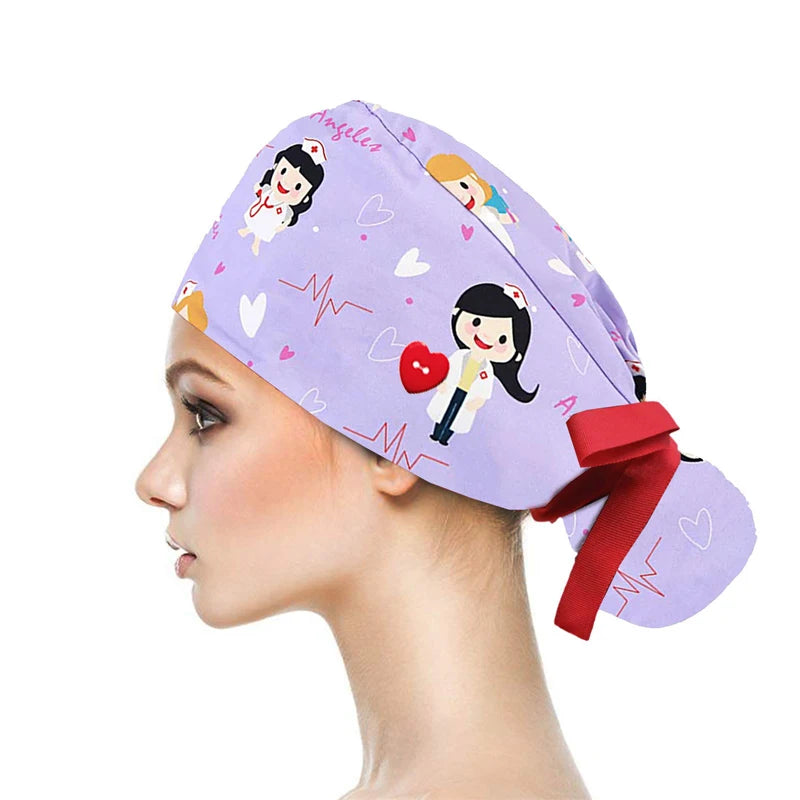 Adjustable Pet Shop Scrub Cap With Buttons Bouffant Hat With Sweatband Beauty Work Cap Nursing Cap For Women Long Hair Nurse Hat