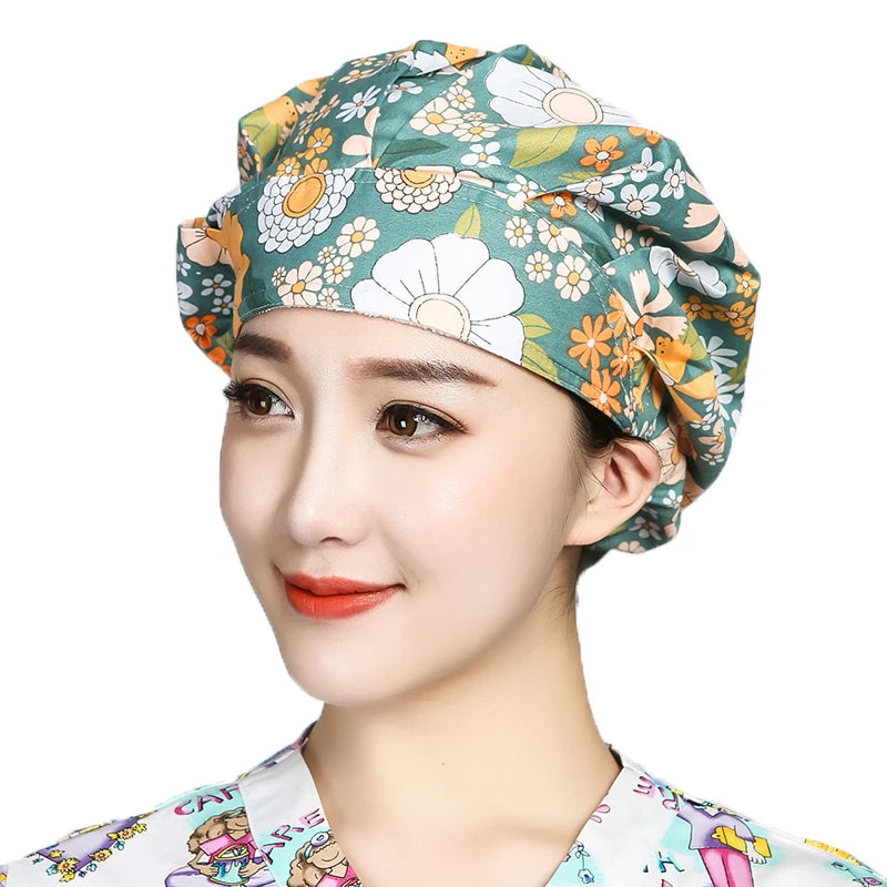 Women Printed Scrubs Caps  Adjustable Sweatband Bouffant Hats Nursing Cotton Hats Pet Shop Beauty Salon Beauty Salon Workwear