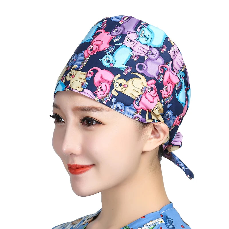 Unisex Cotton Scrubs Caps Cartoons Printed Sweatband Bouffant Hats Adjustable Work Wear Hats Beauty Salon Working Caps Wholesale