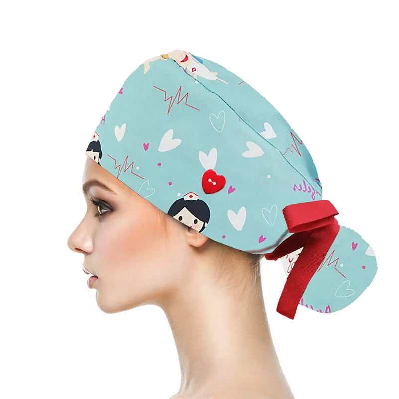 Adjustable Pet Shop Scrub Cap With Buttons Bouffant Hat With Sweatband Beauty Work Cap Nursing Cap For Women Long Hair Nurse Hat