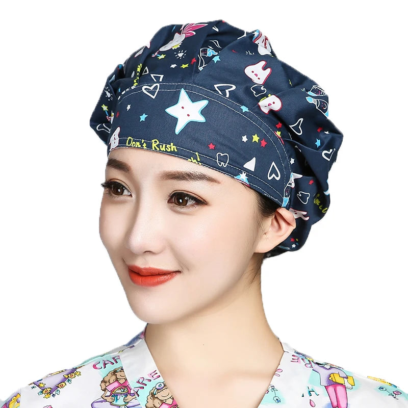 Women Printed Scrubs Caps  Adjustable Sweatband Bouffant Hats Nursing Cotton Hats Pet Shop Beauty Salon Beauty Salon Workwear