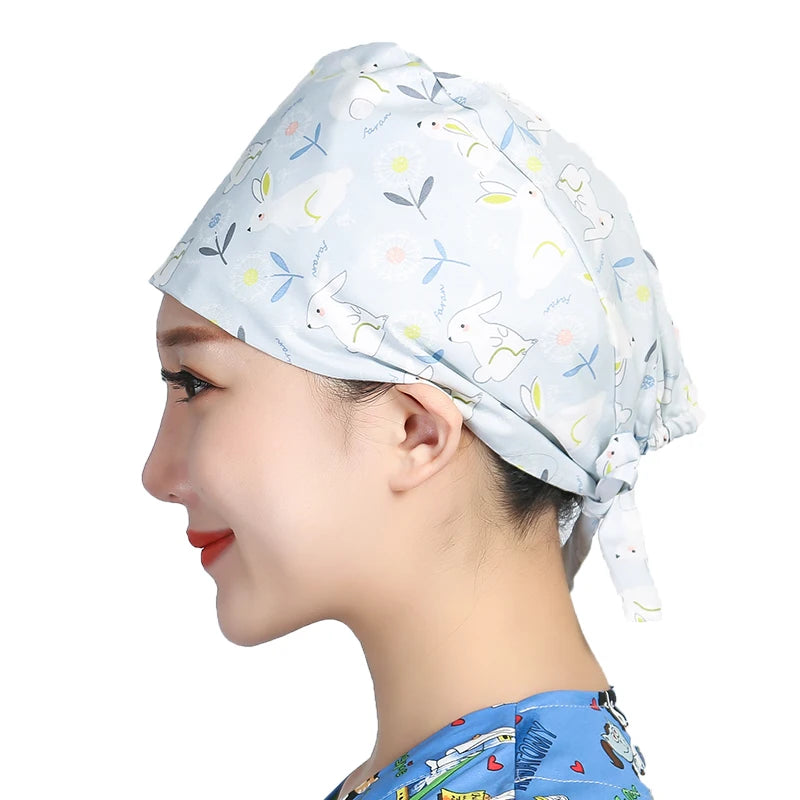 Unisex Cotton Scrubs Caps Cartoons Printed Sweatband Bouffant Hats Adjustable Work Wear Hats Beauty Salon Working Caps Wholesale