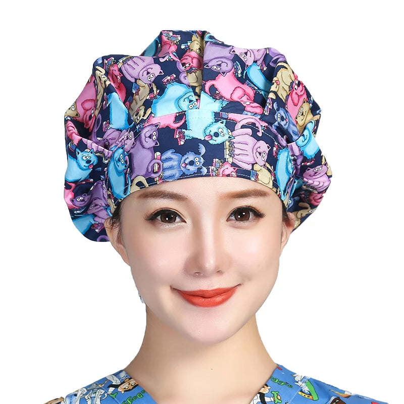 Unisex Cotton Scrubs Caps Cartoons Printed Sweatband Bouffant Hats Adjustable Work Wear Hats Beauty Salon Working Caps Wholesale