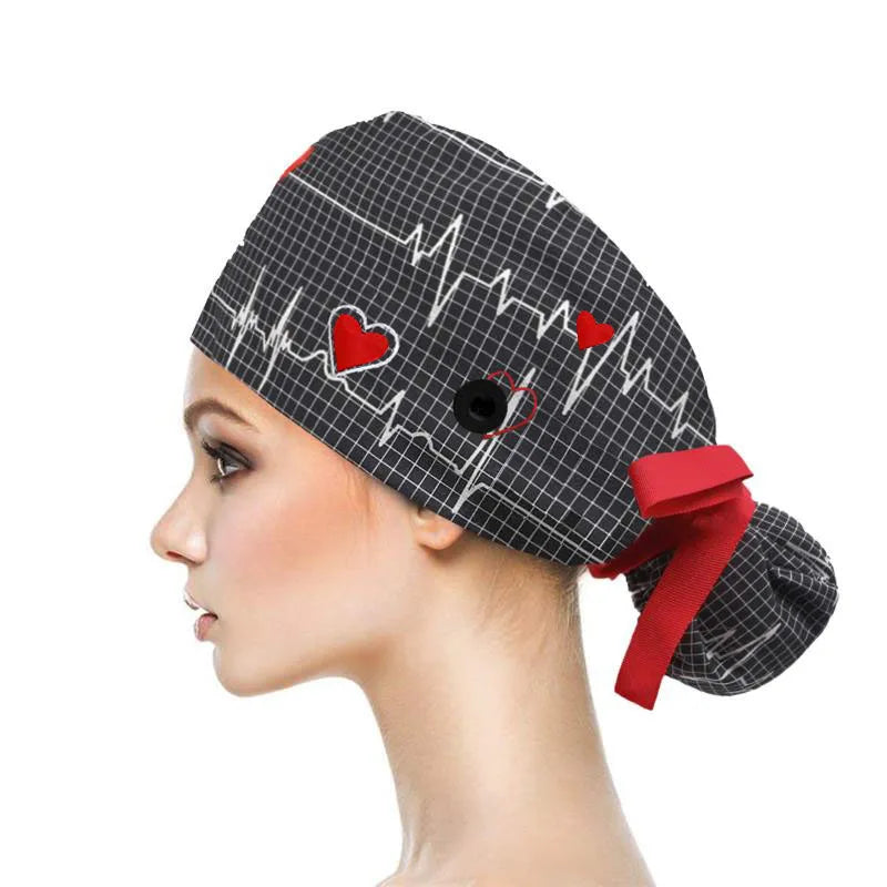 Adjustable Pet Shop Scrub Cap With Buttons Bouffant Hat With Sweatband Beauty Work Cap Nursing Cap For Women Long Hair Nurse Hat