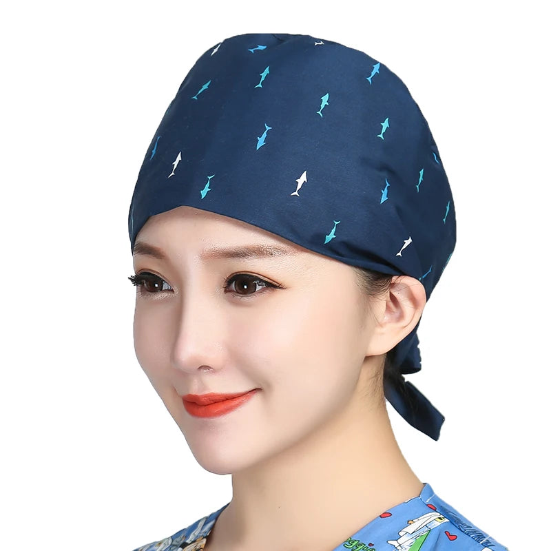 Unisex Cotton Scrubs Caps Cartoons Printed Sweatband Bouffant Hats Adjustable Work Wear Hats Beauty Salon Working Caps Wholesale