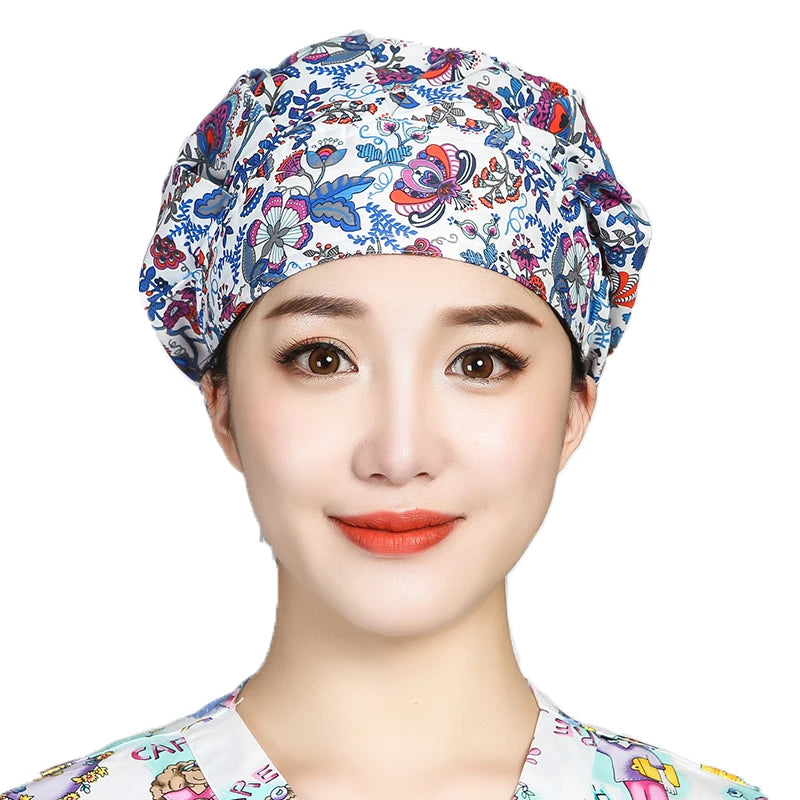 Women Printed Scrubs Caps  Adjustable Sweatband Bouffant Hats Nursing Cotton Hats Pet Shop Beauty Salon Beauty Salon Workwear