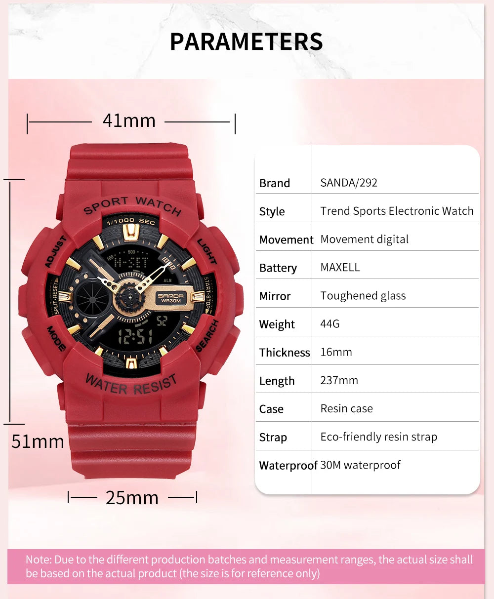 Fashion Sanda Top Brand Outdoor Sport White Digital Watch Women Alarm Clock 3bar Waterproof Shock Military Watches Led Display