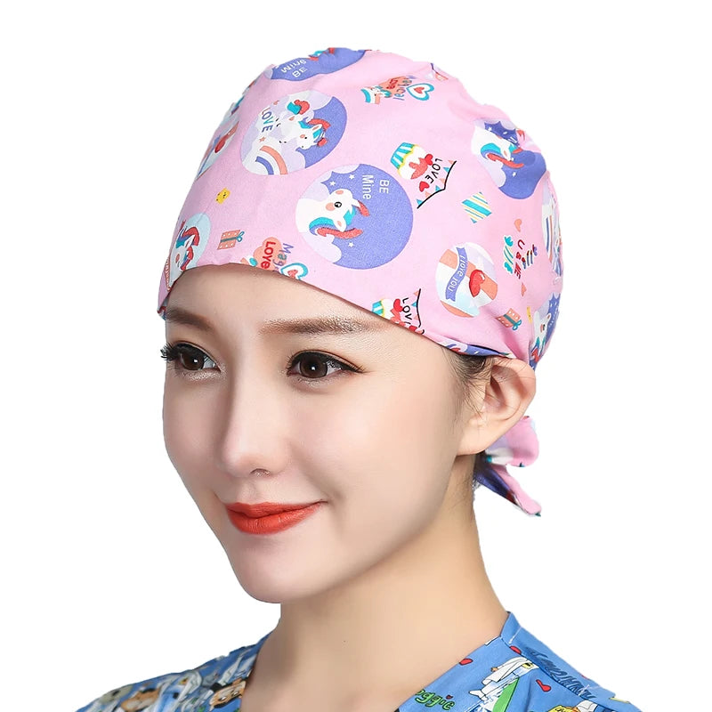 Unisex Cotton Scrubs Caps Cartoons Printed Sweatband Bouffant Hats Adjustable Work Wear Hats Beauty Salon Working Caps Wholesale