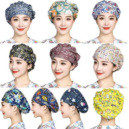 Women Printed Scrubs Caps  Adjustable Sweatband Bouffant Hats Nursing Cotton Hats Pet Shop Beauty Salon Beauty Salon Workwear