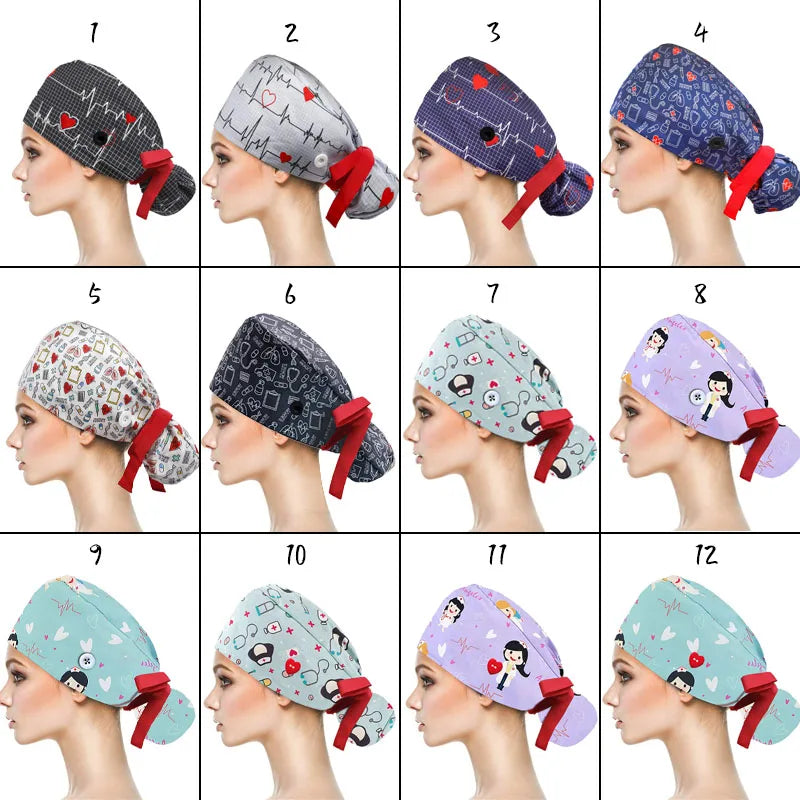 Adjustable Pet Shop Scrub Cap With Buttons Bouffant Hat With Sweatband Beauty Work Cap Nursing Cap For Women Long Hair Nurse Hat