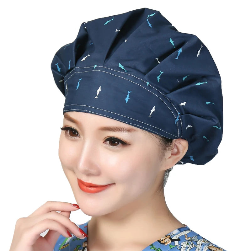 Unisex Cotton Scrubs Caps Cartoons Printed Sweatband Bouffant Hats Adjustable Work Wear Hats Beauty Salon Working Caps Wholesale