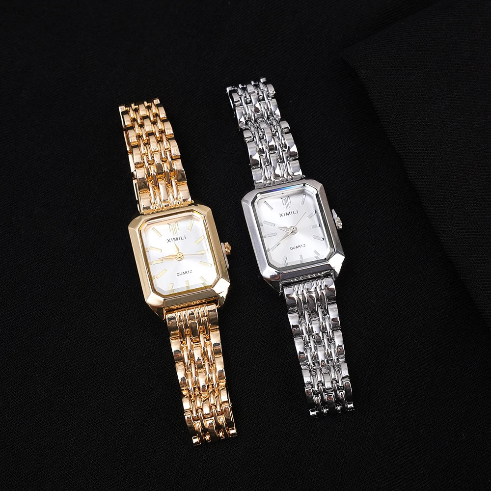 Luxury Ladies Fashion Quartz Watch Simple Scale Square Quality Gold Plated Women Watches Business Stainless Steel Folding Clock