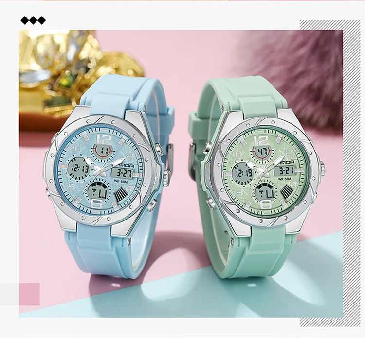 SANDA 6062 Luxury New Ms. LED Digital Sport Watch Fashion Casual Women Girl Military 50M Waterproof Quartz Ms. Wristwatches