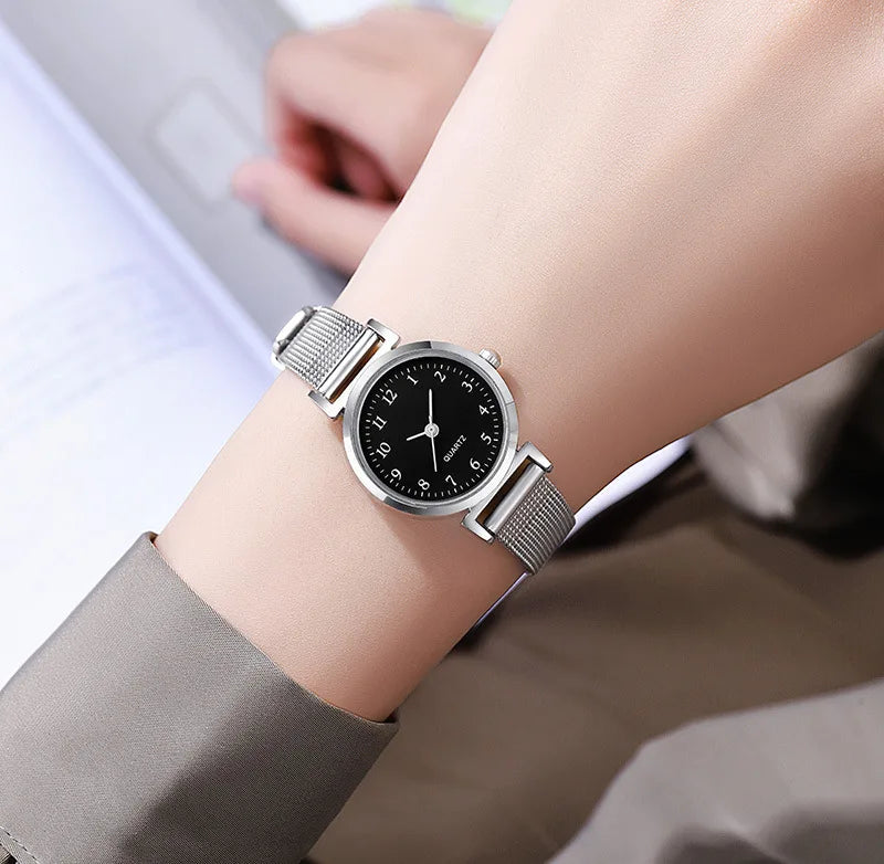 Simplicity Style Korean Women Student Watch Digital Compact Small Dial Stainless Steel Mesh Strap Quartz Sliver Wristwatch New