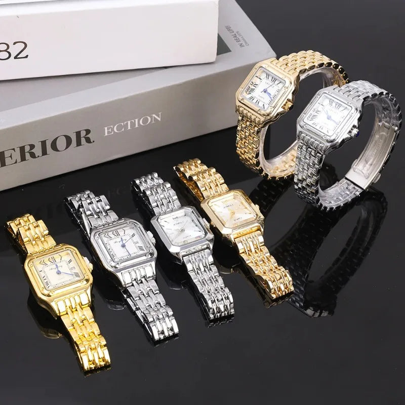 Luxury Ladies Fashion Quartz Watch Simple Scale Square Quality Gold Plated Women Watches Business Stainless Steel Folding Clock