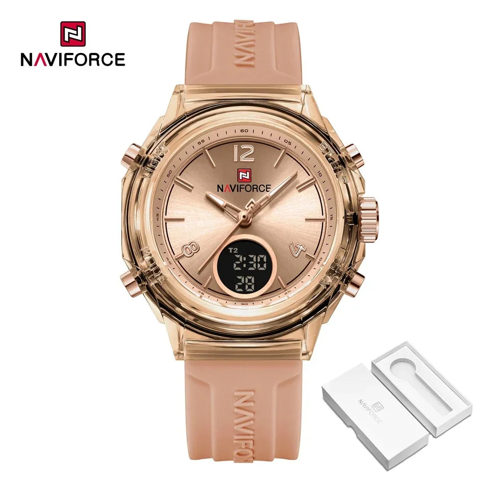 NAVIFORCE Quartz Watch for Ladies Fashion Women's Dual Display Watches Quartz Waterproof Silicone Luminous Wristwatch Women Gift