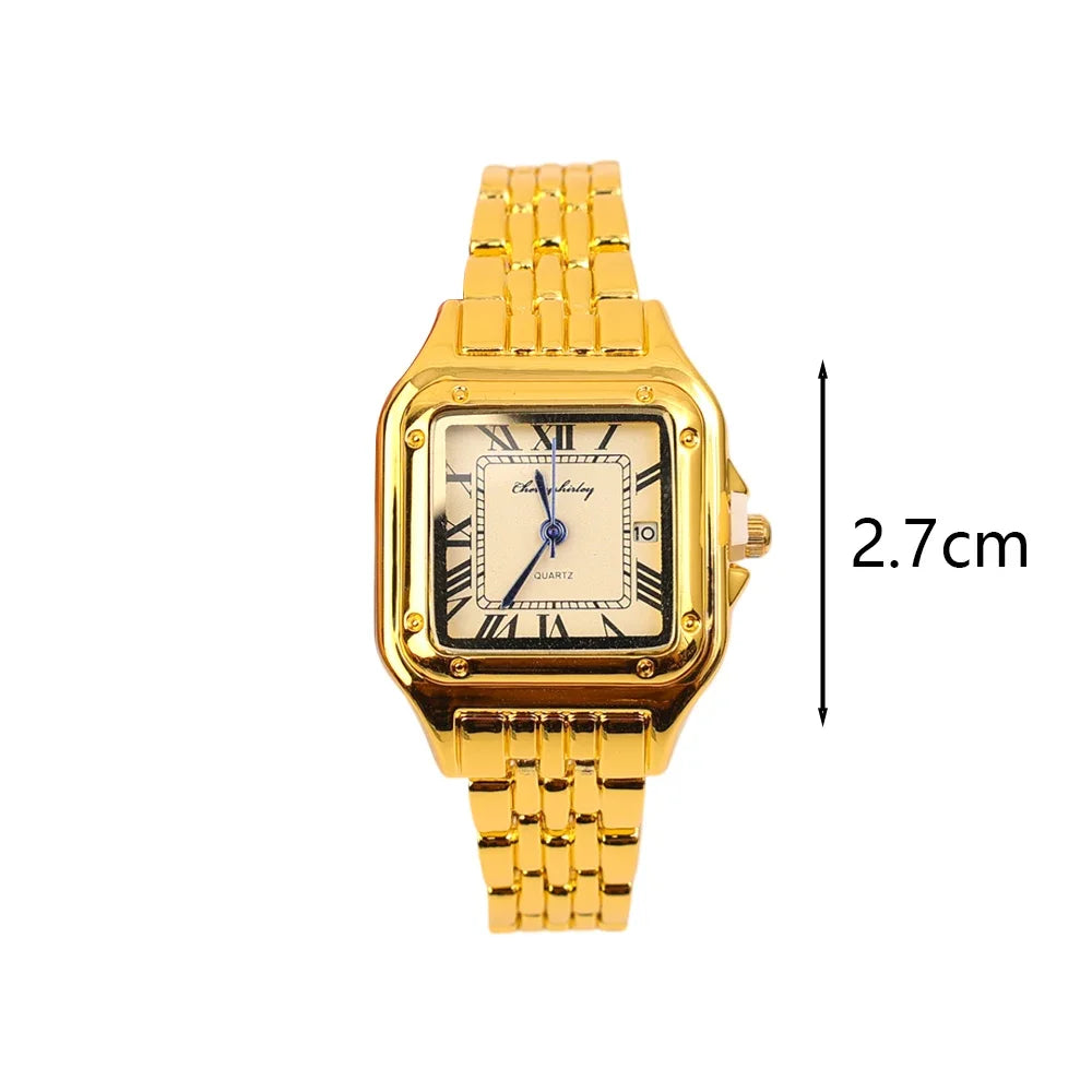 Luxury Ladies Fashion Quartz Watch Simple Scale Square Quality Gold Plated Women Watches Business Stainless Steel Folding Clock