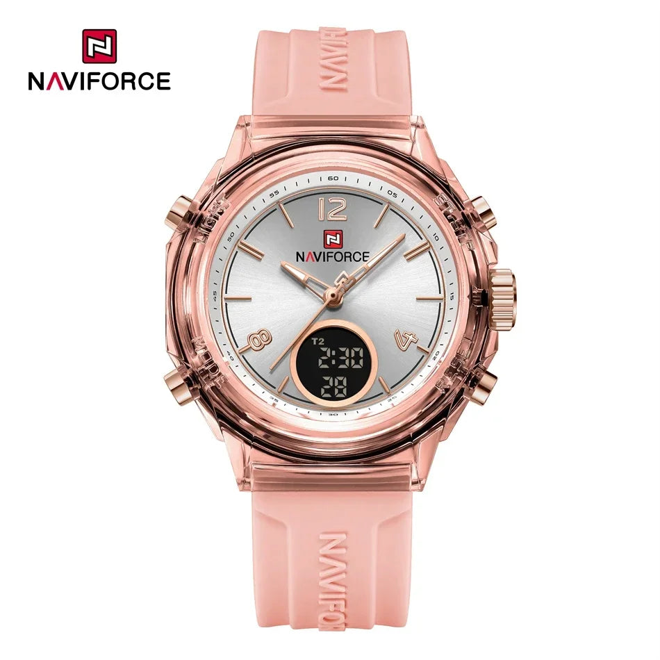 NAVIFORCE Quartz Watch for Ladies Fashion Women's Dual Display Watches Quartz Waterproof Silicone Luminous Wristwatch Women Gift