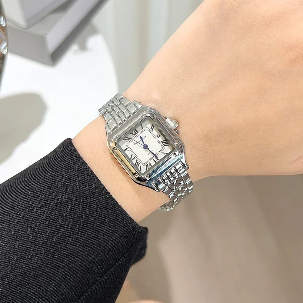 Women Fashion Square Watches Silver Stainless Steel Strap 2025 Luxury Man Quartz Wristwatches Qualities Female Roman Scale Clock