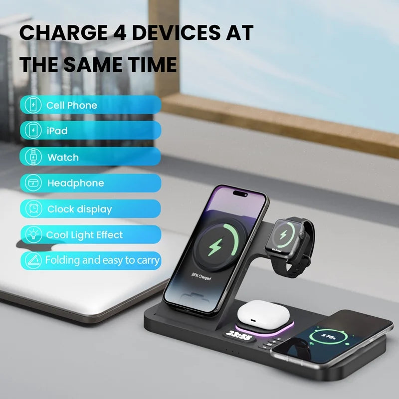 Digital Clock Wireless Charger Stand for Iphone Samsung Atmosphere Light Charging Station for Airpods Pro Huawei Apple Watch