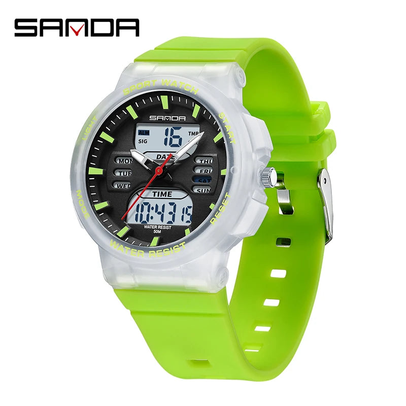 SANDA 6185 LED Digital Sport Watch Casual Ladies Dual Display Women Girl Military Waterproof Quartz shockproof Wristwatches Lady