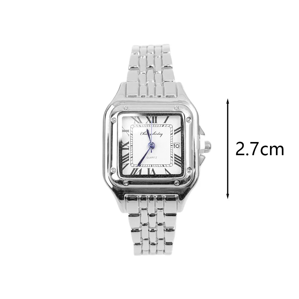 Luxury Ladies Fashion Quartz Watch Simple Scale Square Quality Gold Plated Women Watches Business Stainless Steel Folding Clock