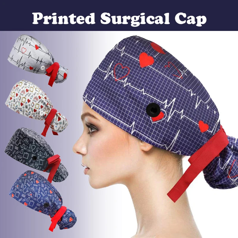 Adjustable Pet Shop Scrub Cap Buttons Bouffant Hat With Sweatband Beauty Lab Work Cap Nursing Cap for Women Long Hair Nurse Hat