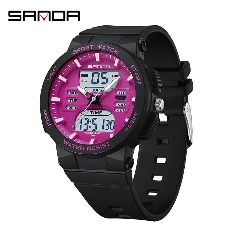 SANDA 6185 LED Digital Sport Watch Casual Ladies Dual Display Women Girl Military Waterproof Quartz shockproof Wristwatches Lady